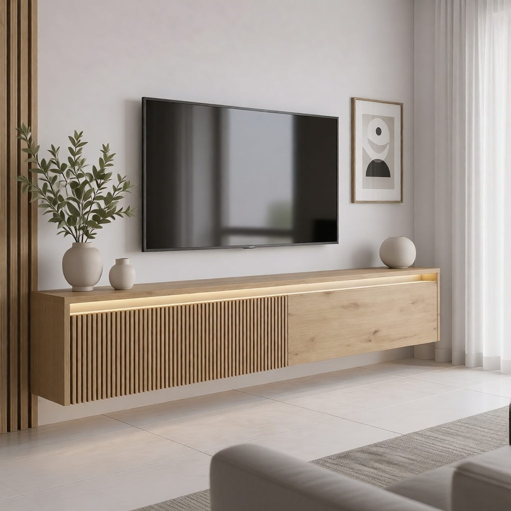 Závěsný drážkovaný TV stolek LUMI IV s LED osvětlením