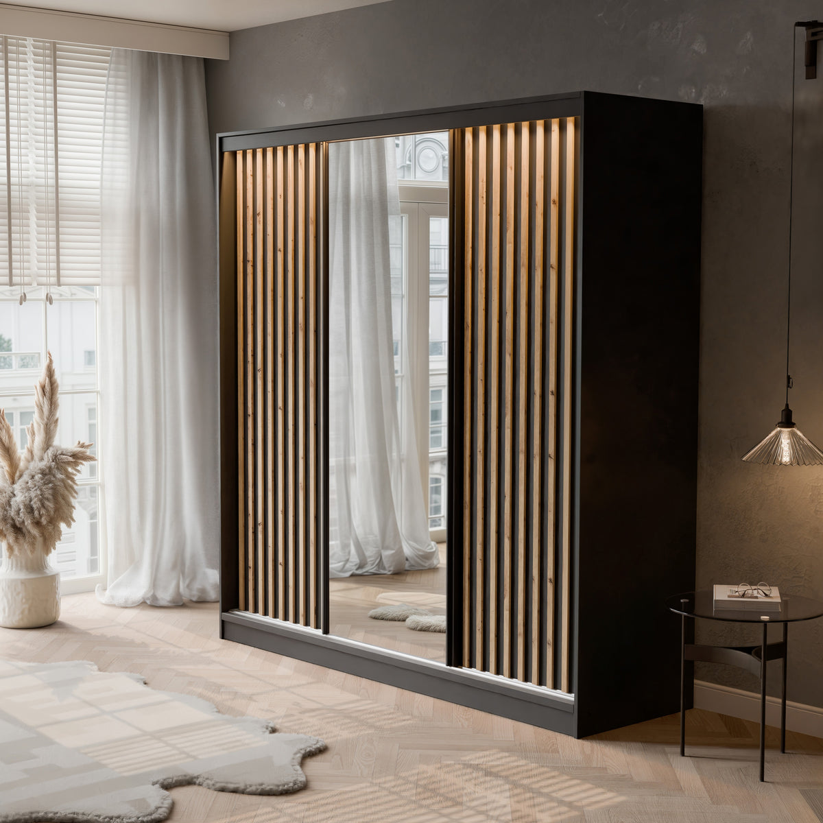 Šatní skříň s posuvnými dveřmi, zrcadlem a lamelami VELLO 200 cm černá/dub artisan LED