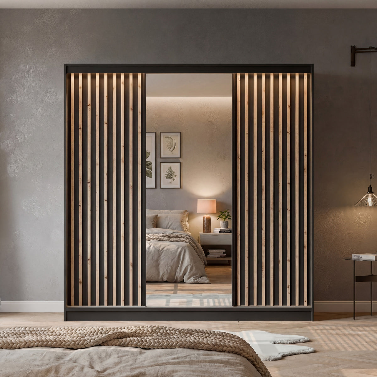 Šatní skříň s posuvnými dveřmi, zrcadlem a lamelami VELLO 200 cm černá/dub artisan LED