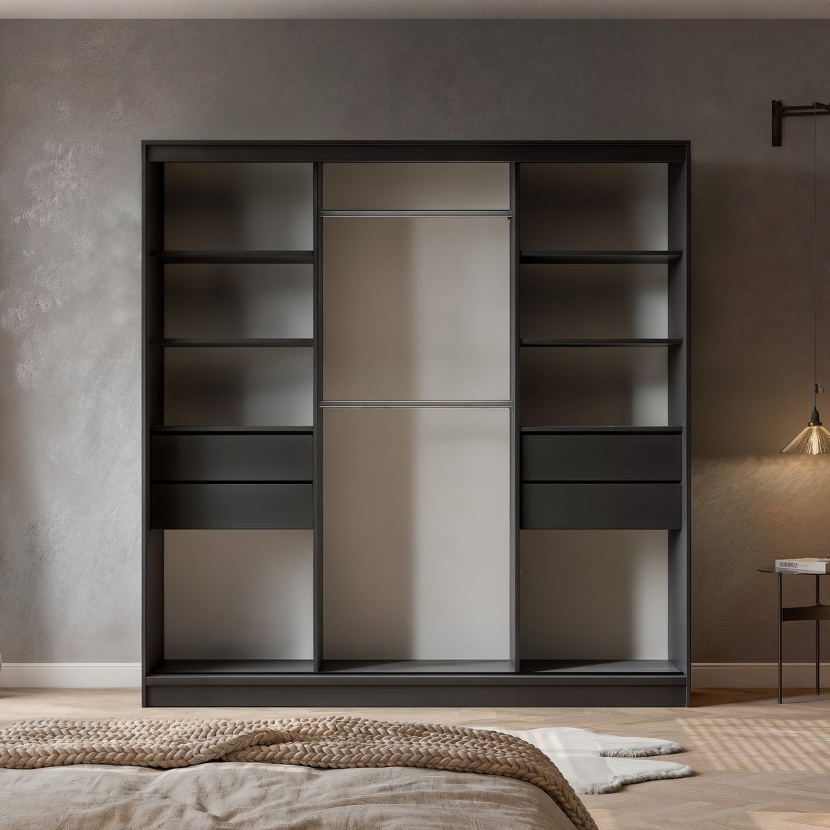 Šatní skříň s posuvnými dveřmi, zrcadlem a lamelami VELLO 200 cm černá/dub artisan LED