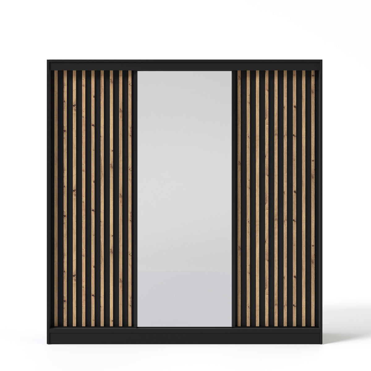 Šatní skříň s posuvnými dveřmi, zrcadlem a lamelami VELLO 200 cm černá/dub artisan LED