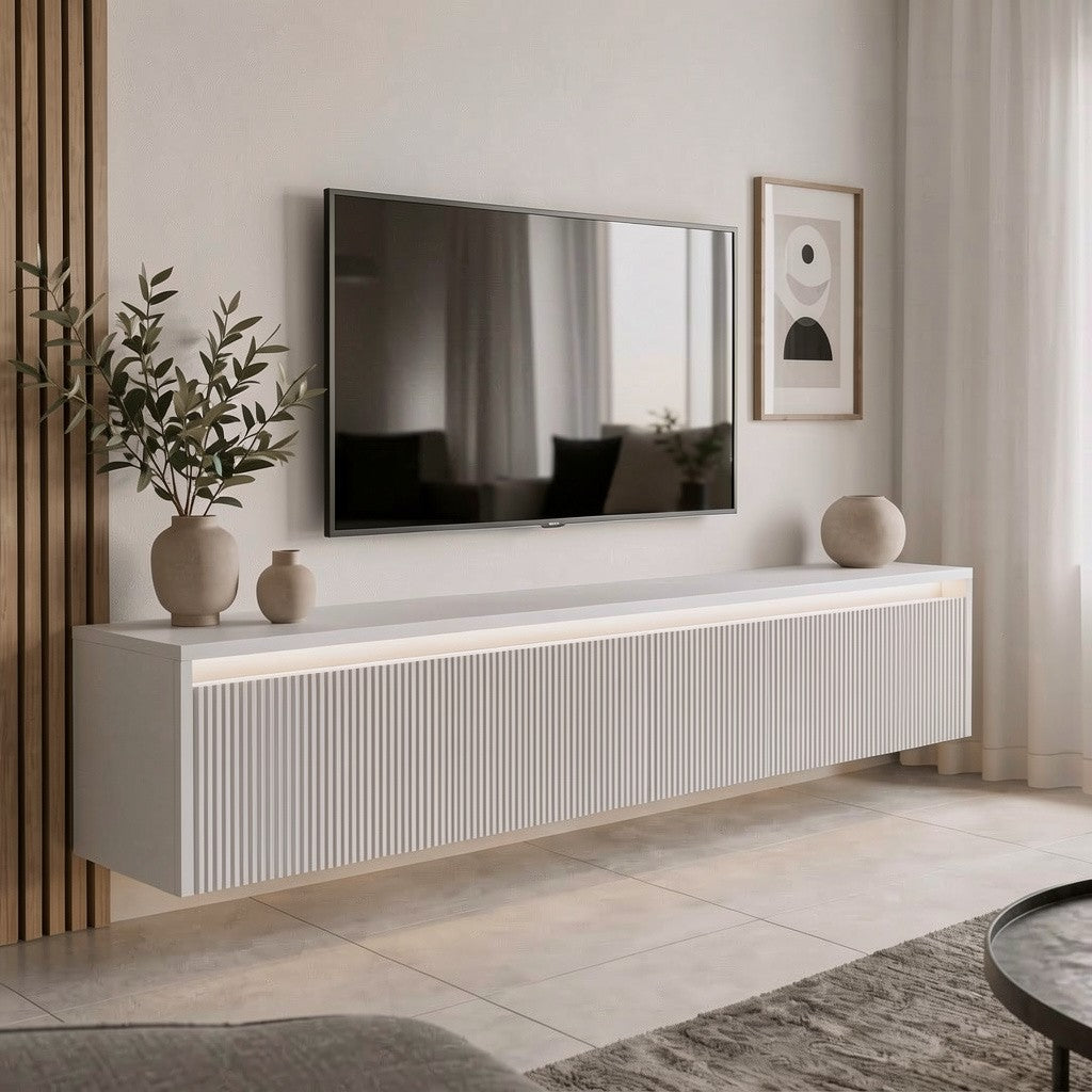 Závěsný drážkovaný TV stolek LUMI III s LED osvětlením