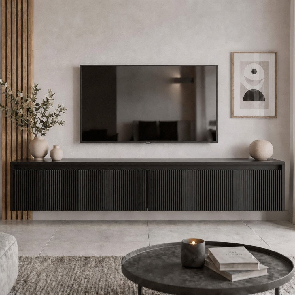 Závěsný drážkovaný TV stolek LUMI III s LED osvětlením