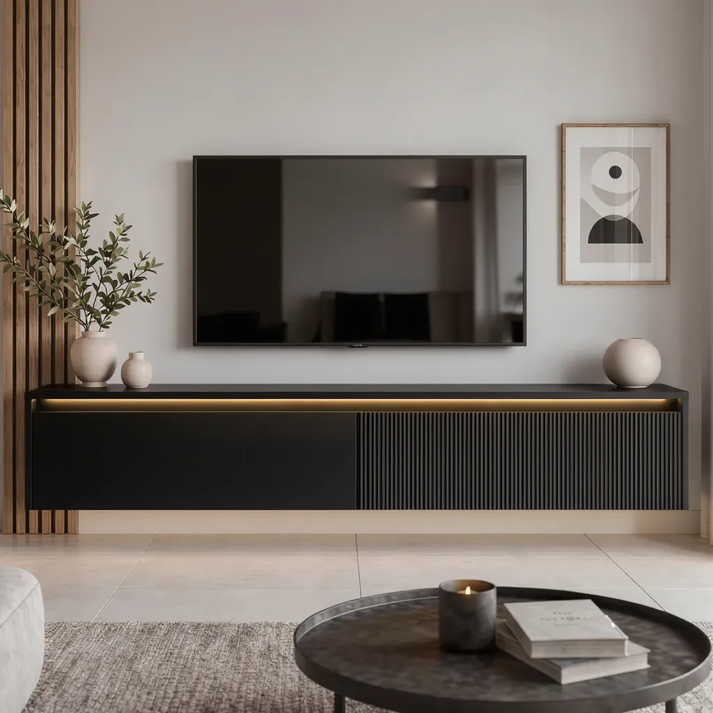 Závěsný drážkovaný TV stolek LUMI IV s LED osvětlením