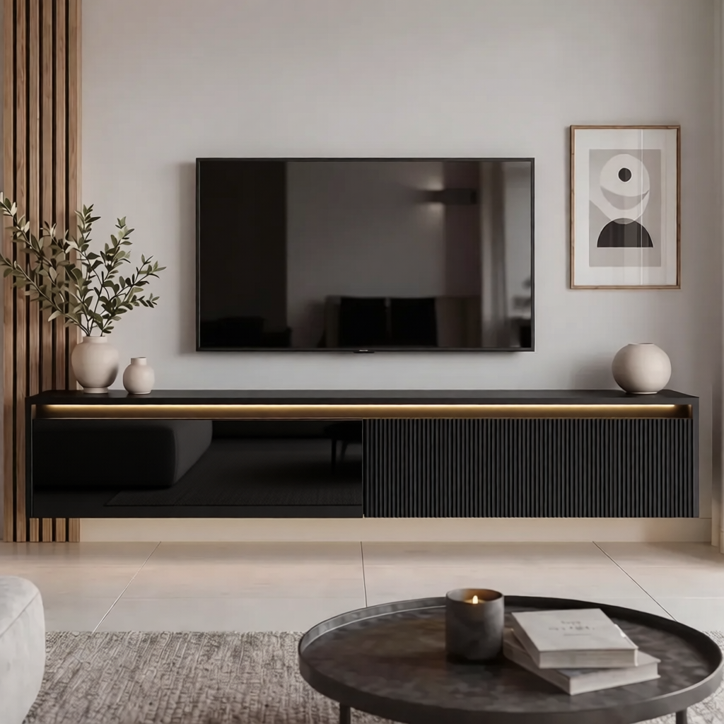 Závěsný drážkovaný TV stolek LUMI IV s LED osvětlením