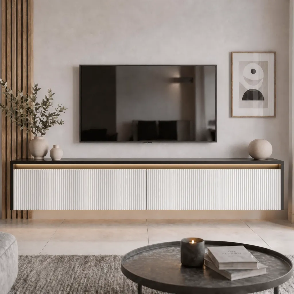Závěsný drážkovaný TV stolek LUMI III s LED osvětlením