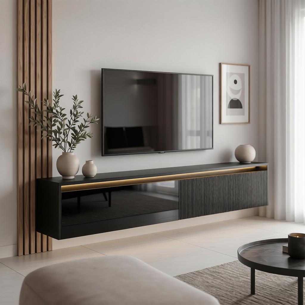 Závěsný drážkovaný TV stolek LUMI IV s LED osvětlením
