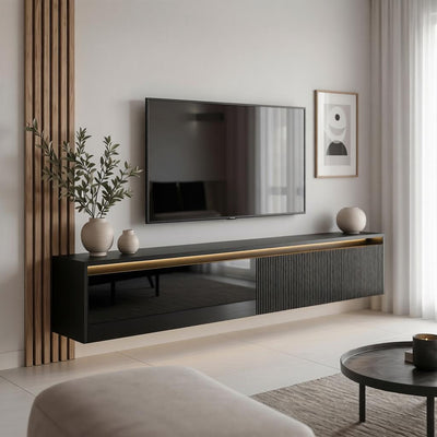 Závěsný drážkovaný TV stolek LUMI IV s LED osvětlením