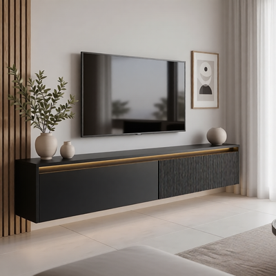 Závěsný drážkovaný TV stolek LUMI IV s LED osvětlením