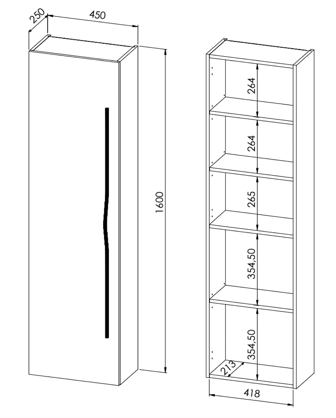 Závěsná vysoká koupelnová skříňka PILAR 45 cm bílý lesk