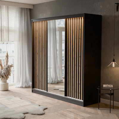 Šatní skříň s posuvnými dveřmi, zrcadlem a lamelami VELLO 200 cm černá/dub artisan LED