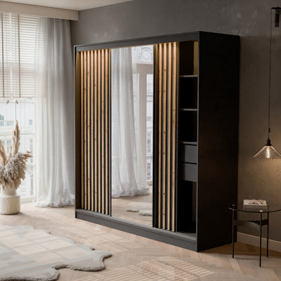 Šatní skříň s posuvnými dveřmi, zrcadlem a lamelami VELLO 200 cm černá/dub artisan LED