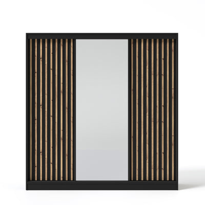 Šatní skříň s posuvnými dveřmi, zrcadlem a lamelami VELLO 200 cm černá/dub artisan LED