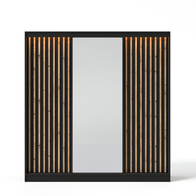 Šatní skříň s posuvnými dveřmi, zrcadlem a lamelami VELLO 200 cm černá/dub artisan LED