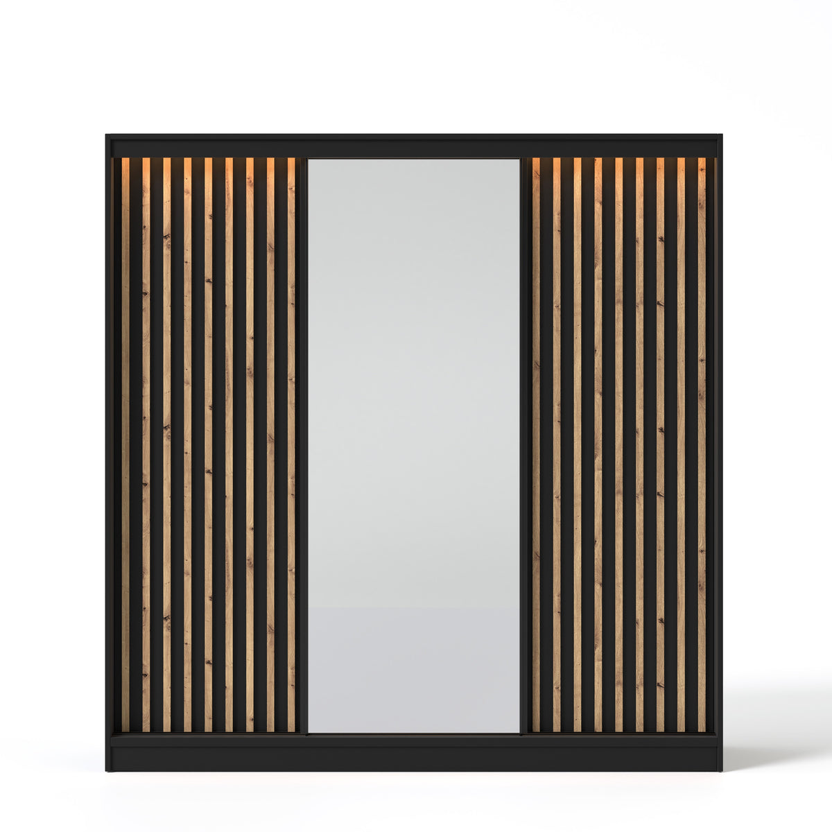 Šatní skříň s posuvnými dveřmi, zrcadlem a lamelami VELLO 200 cm černá/dub artisan LED