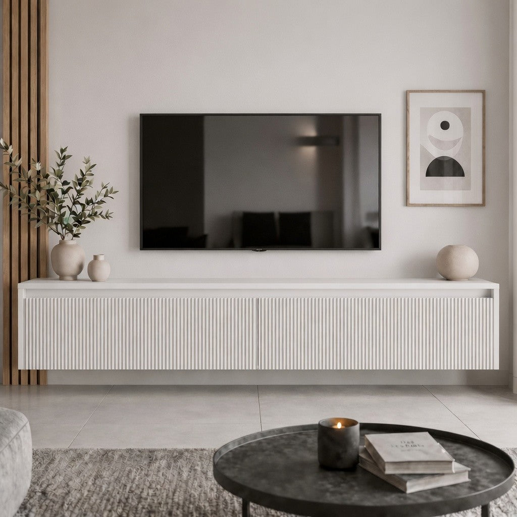Závěsný drážkovaný TV stolek LUMI III s LED osvětlením