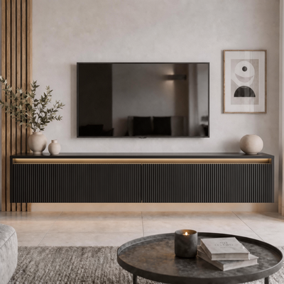 Závěsný drážkovaný TV stolek LUMI III s LED osvětlením