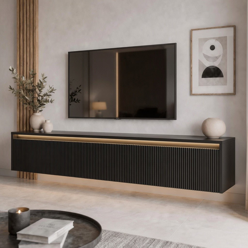 Závěsný drážkovaný TV stolek LUMI III s LED osvětlením