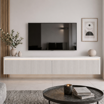 Závěsný drážkovaný TV stolek LUMI III s LED osvětlením