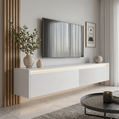 Závěsný drážkovaný TV stolek LUMI IV s LED osvětlením