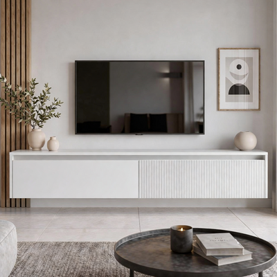 Závěsný drážkovaný TV stolek LUMI IV s LED osvětlením