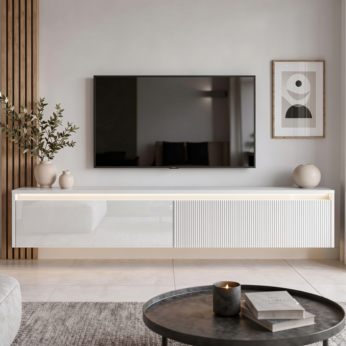 Závěsný drážkovaný TV stolek LUMI IV s LED osvětlením