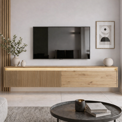Závěsný drážkovaný TV stolek LUMI IV s LED osvětlením
