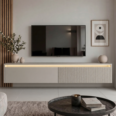 Závěsný drážkovaný TV stolek LUMI IV s LED osvětlením