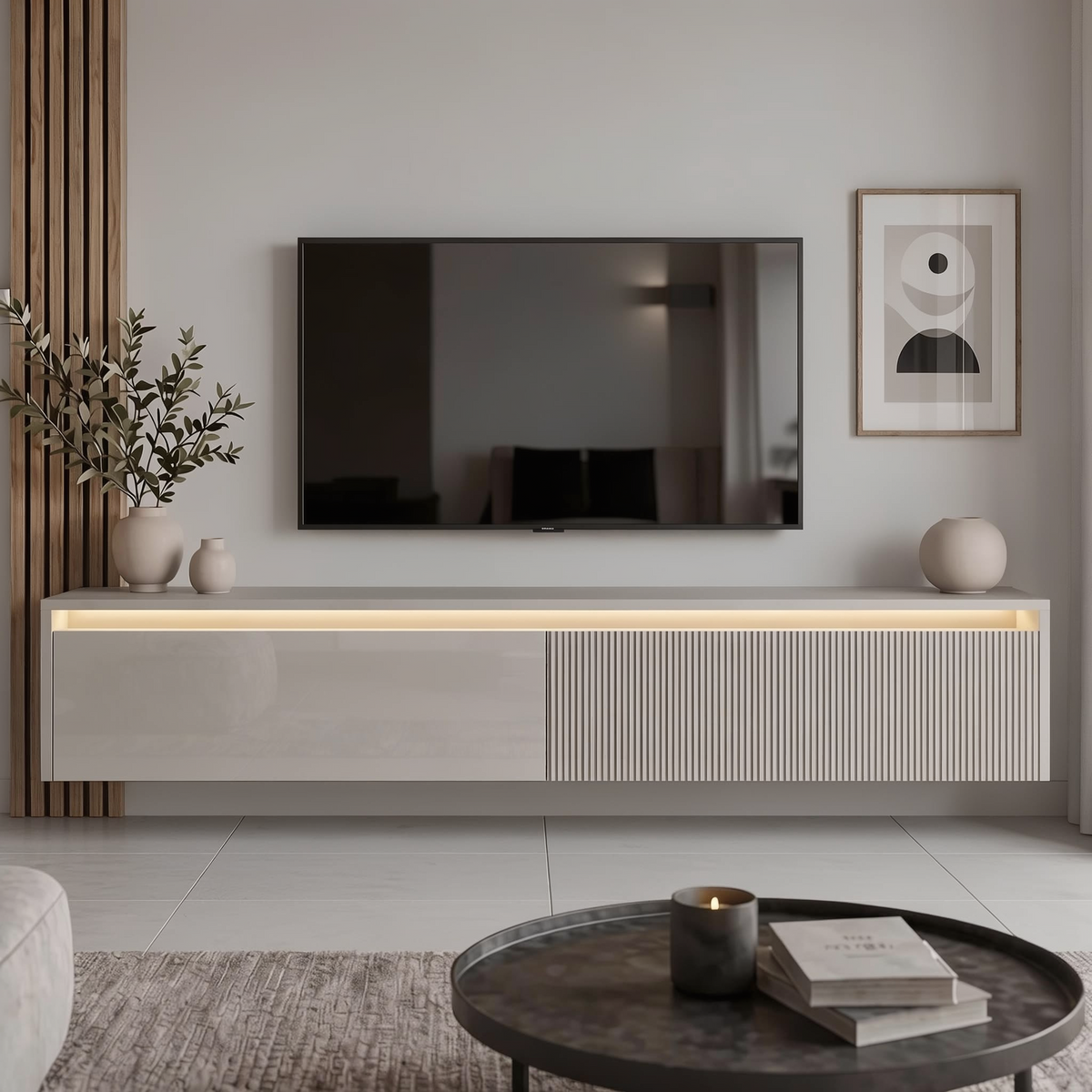 Závěsný drážkovaný TV stolek LUMI IV s LED osvětlením