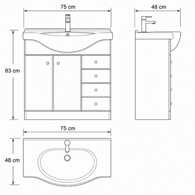 Koupelnová skříňka GAMA 75 cm s umyvadlem a zásuvkami bílý lesk