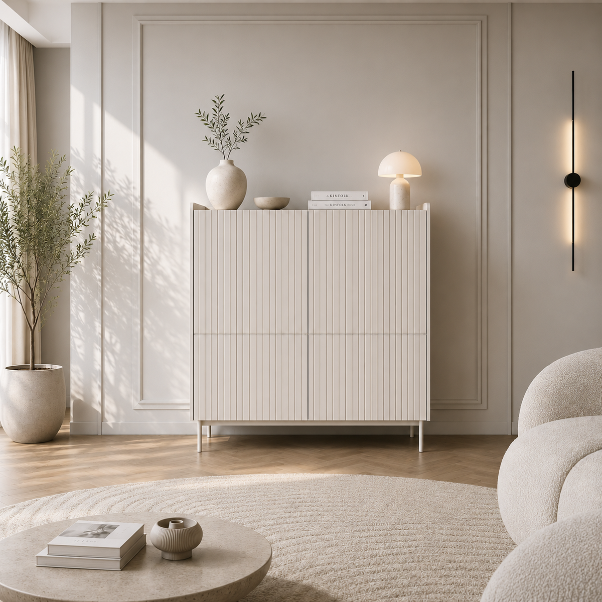 Vysoká komoda ZORA 4D 103 cm Béžová/Dub Scandi