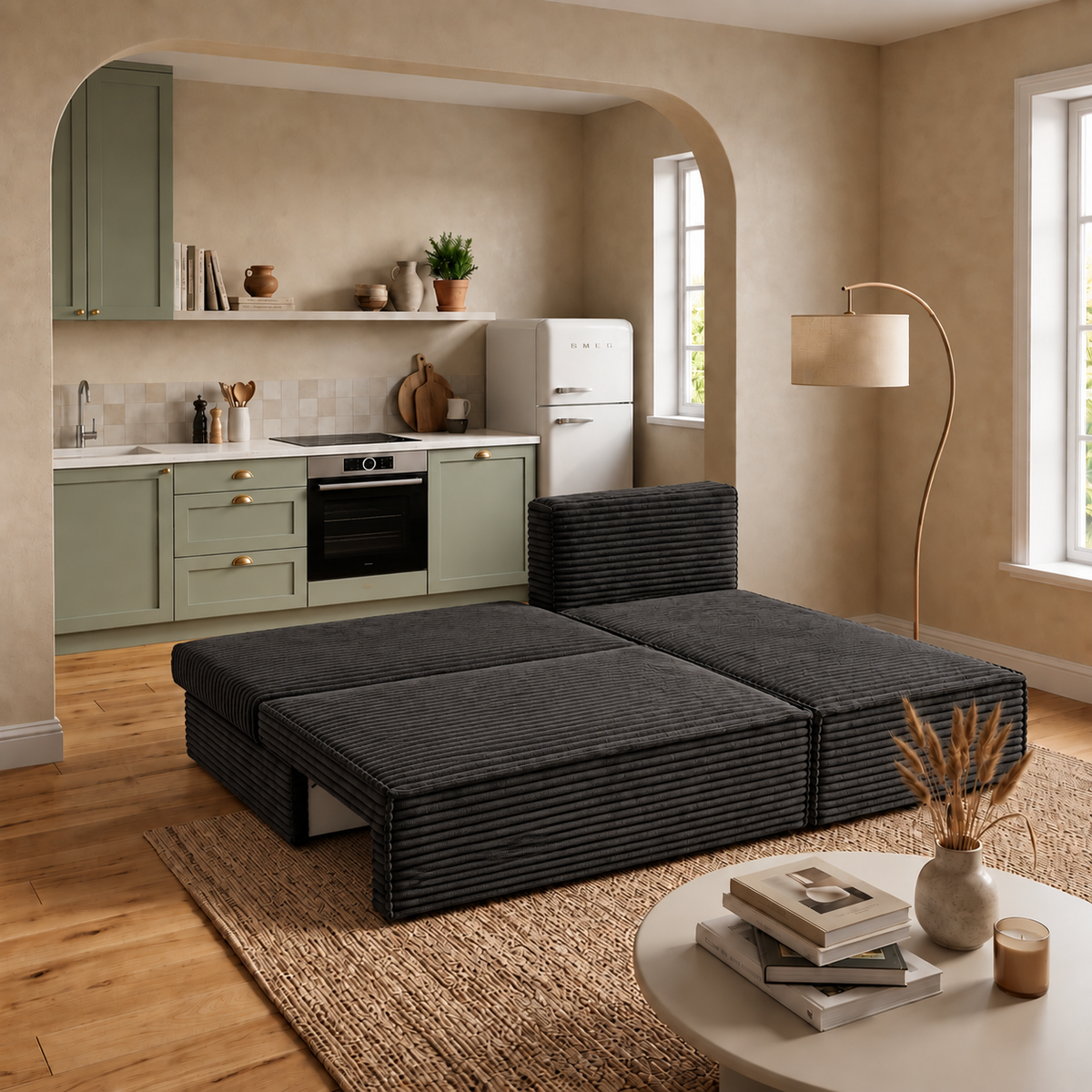 Čalouněná rohová sedačka s funkcí spaní a úložným prostorem na lůžkoviny TESSA