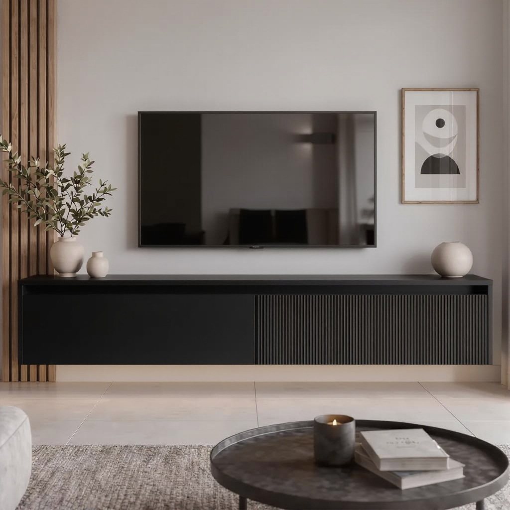 Závěsný drážkovaný TV stolek LUMI IV s LED osvětlením