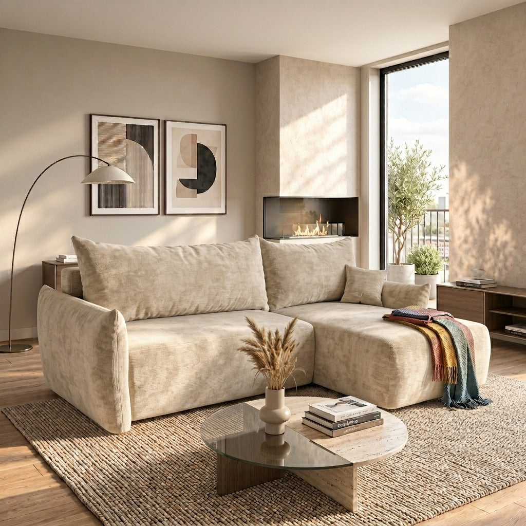 Čalouněná rohová sedačka s funkcí spaní a úložným prostorem na lůžkoviny SENTO